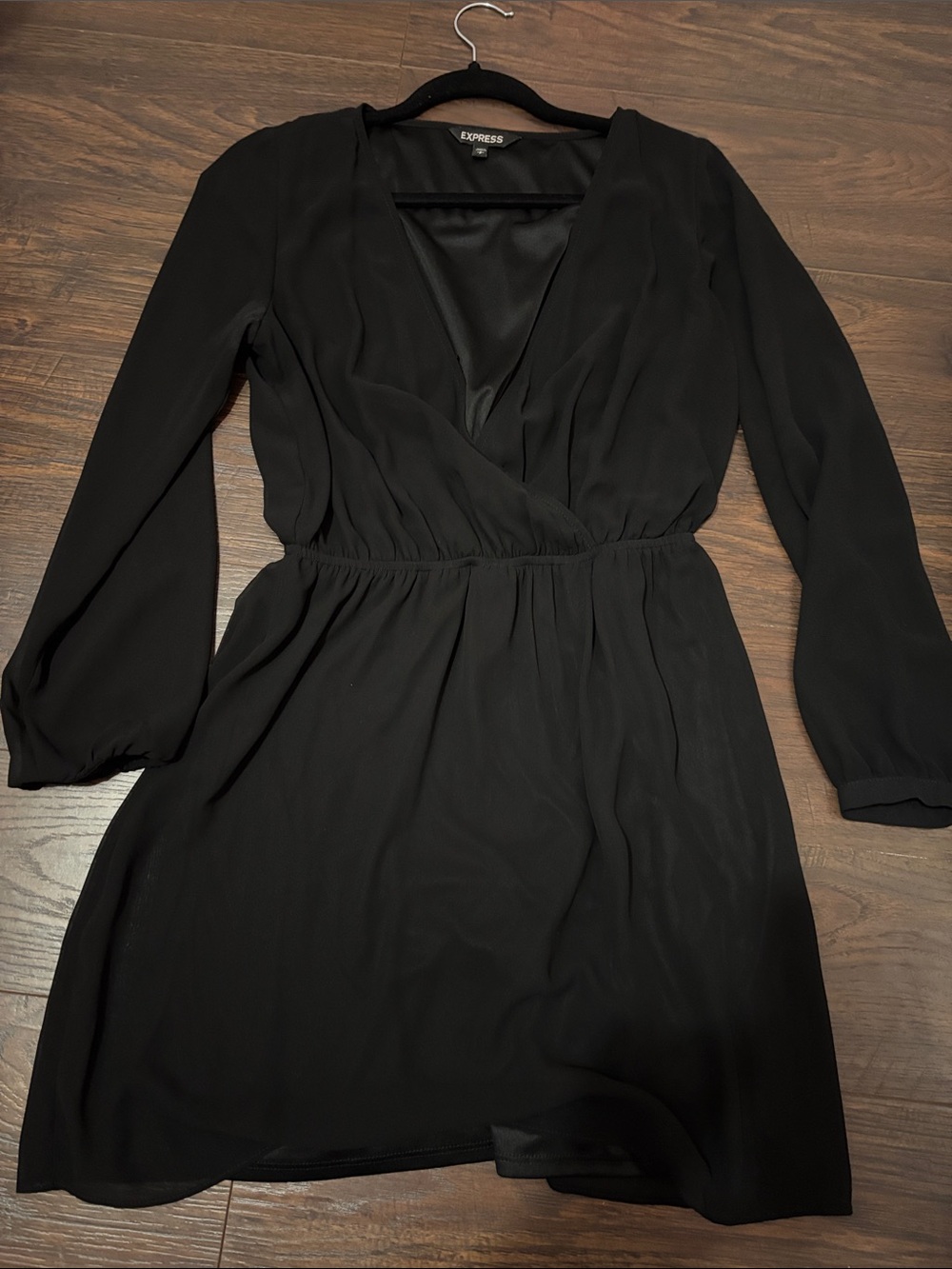 Express Black Long-Sleeve V-Neck Faux-Wrap Dress